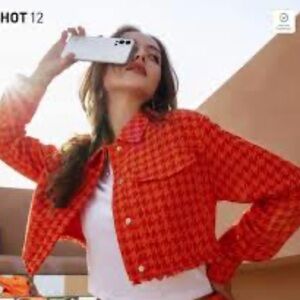 NWT: ZARA Orange Houndstooth Tweed Weave Cropped Blazer Jacket - Size Small